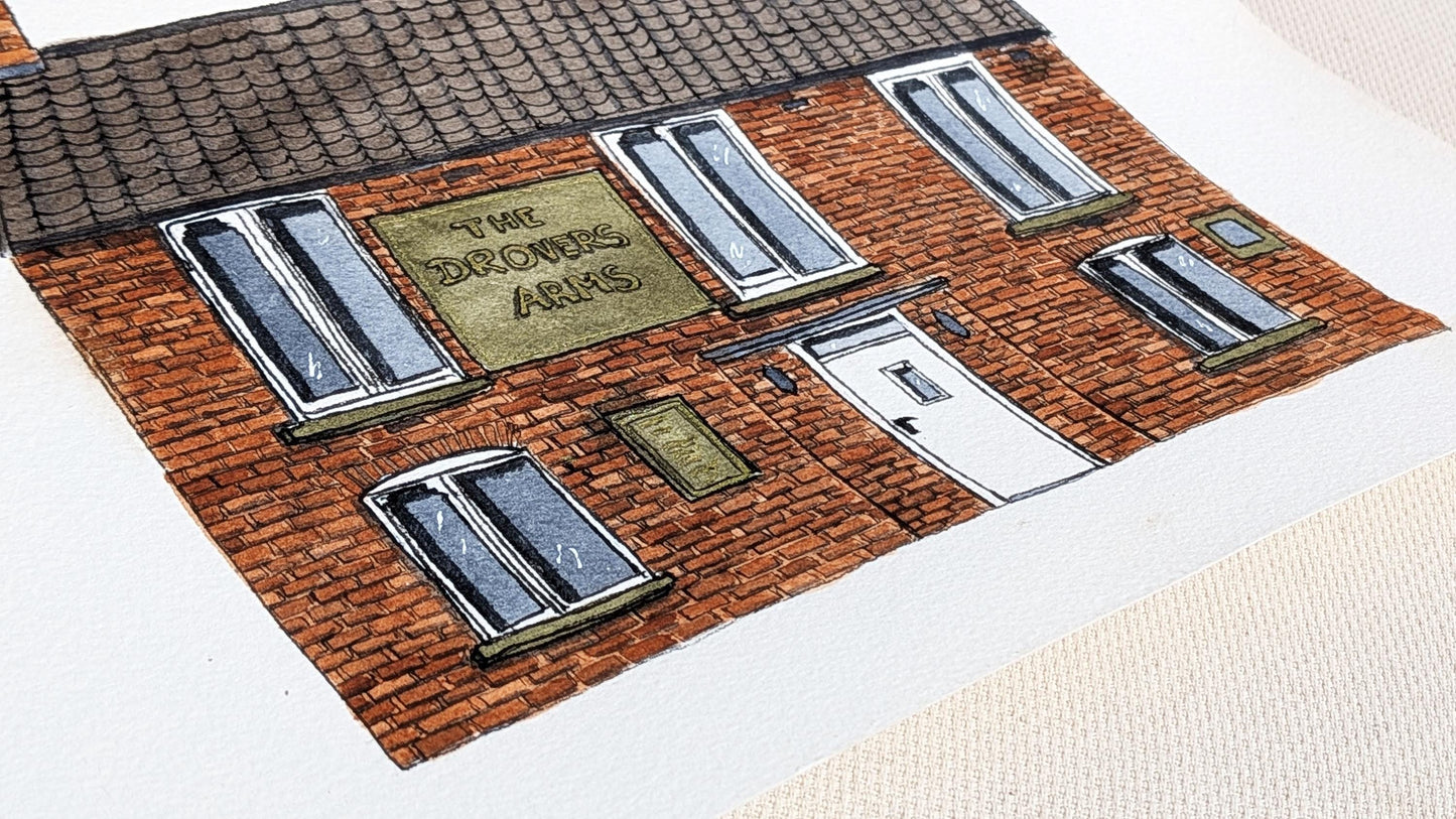 The Drovers Arms – Original A4 Watercolour & Fine‑Liner Architectural Illustration