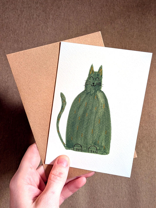 Funny A6 Green Cat Greeting Card - Unique Original Hand-Painted Watercolour Card