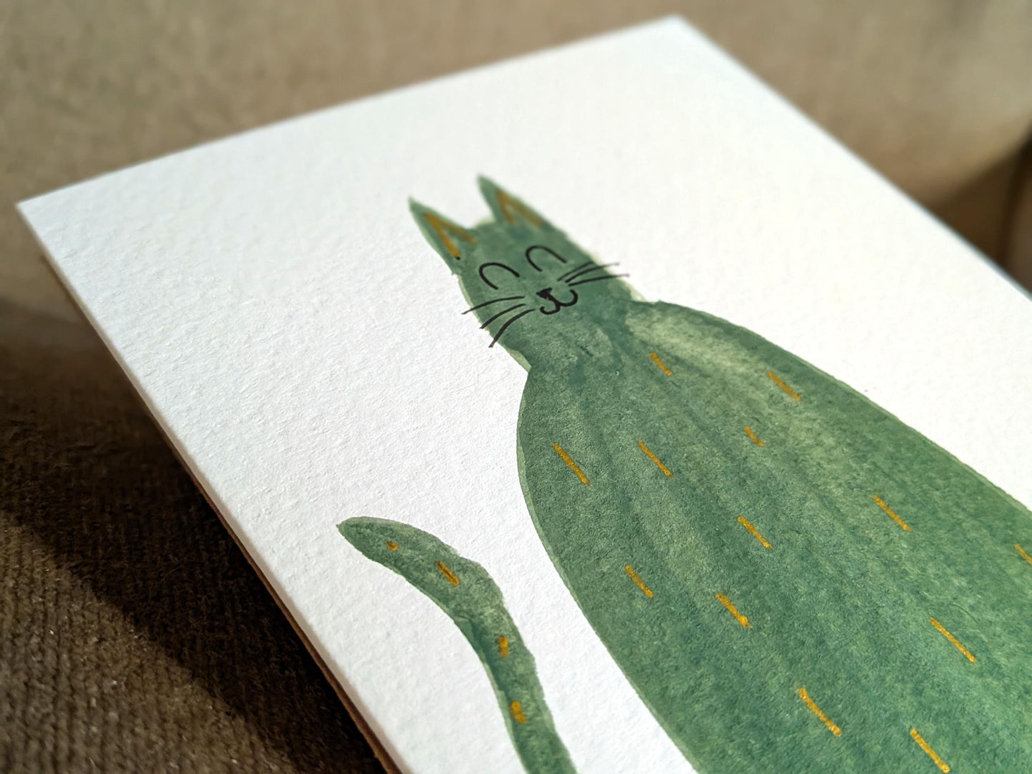 Funny A6 Green Cat Greeting Card - Unique Original Hand-Painted Watercolour Card