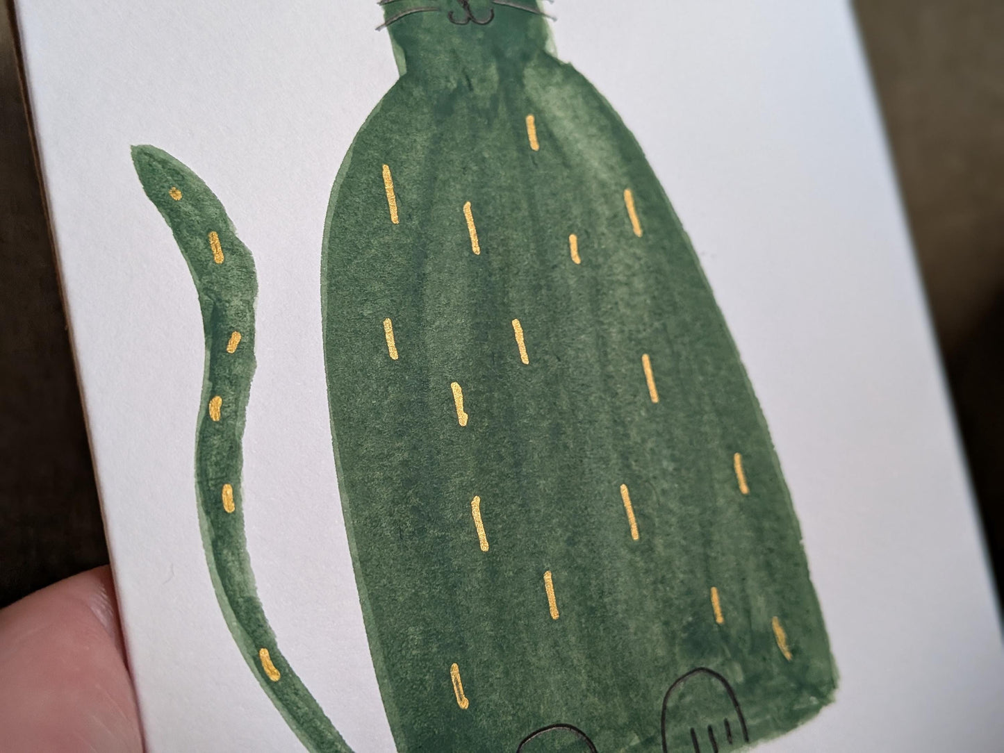Funny A6 Green Cat Greeting Card - Unique Original Hand-Painted Watercolour Card