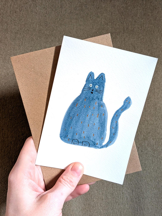 Funny A6 Blue Cat Greeting Card - Unique Original Hand-Painted Watercolour Card