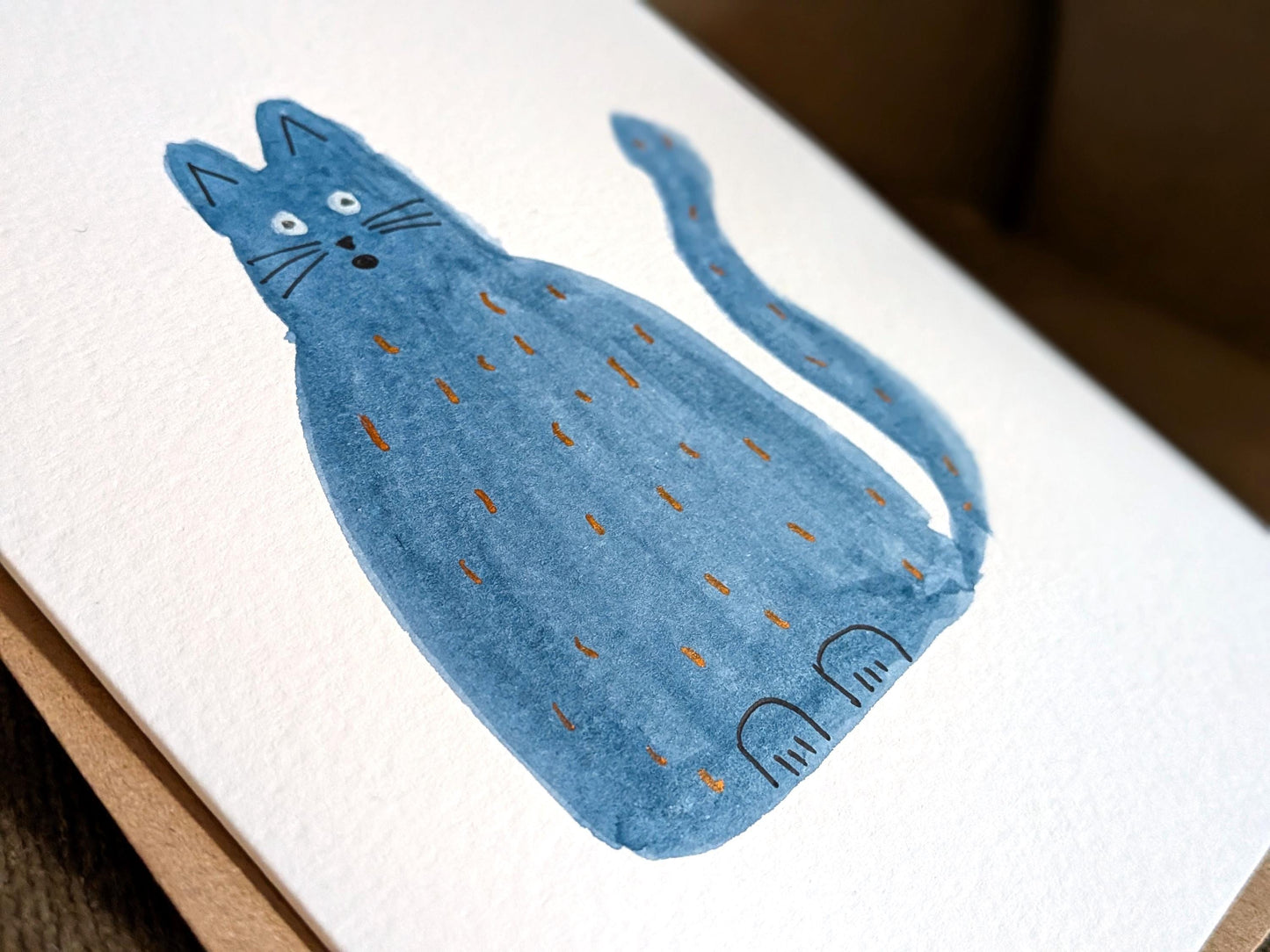 Funny A6 Blue Cat Greeting Card - Unique Original Hand-Painted Watercolour Card