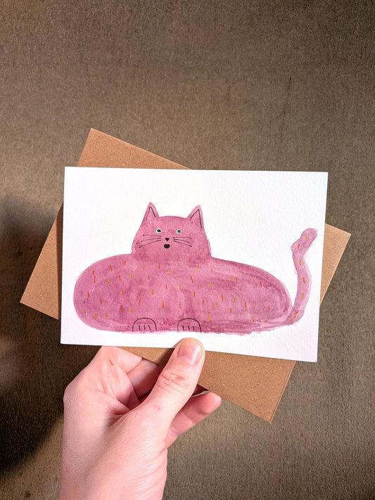 Funny Purple A6 Abstract Cat Greetings Card - Original Hand-Painted Card