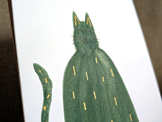 Funny A6 Green Cat Greeting Card - Unique Original Hand-Painted Watercolour Card