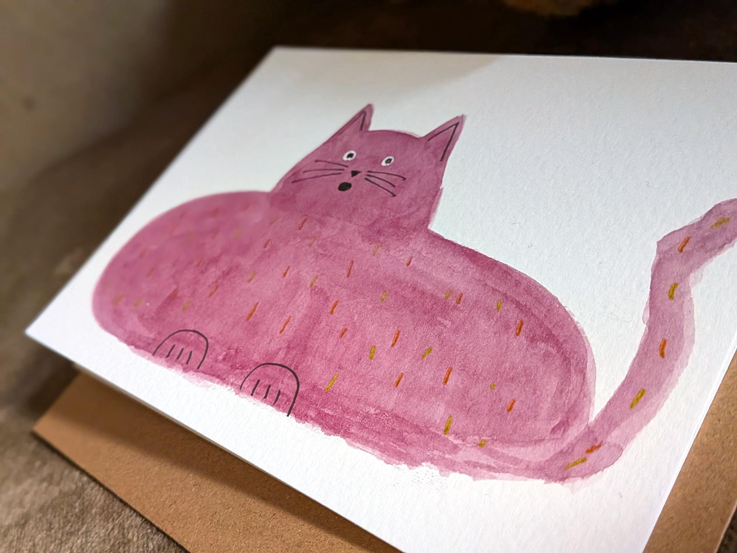 Funny Purple A6 Abstract Cat Greetings Card - Original Hand-Painted Card