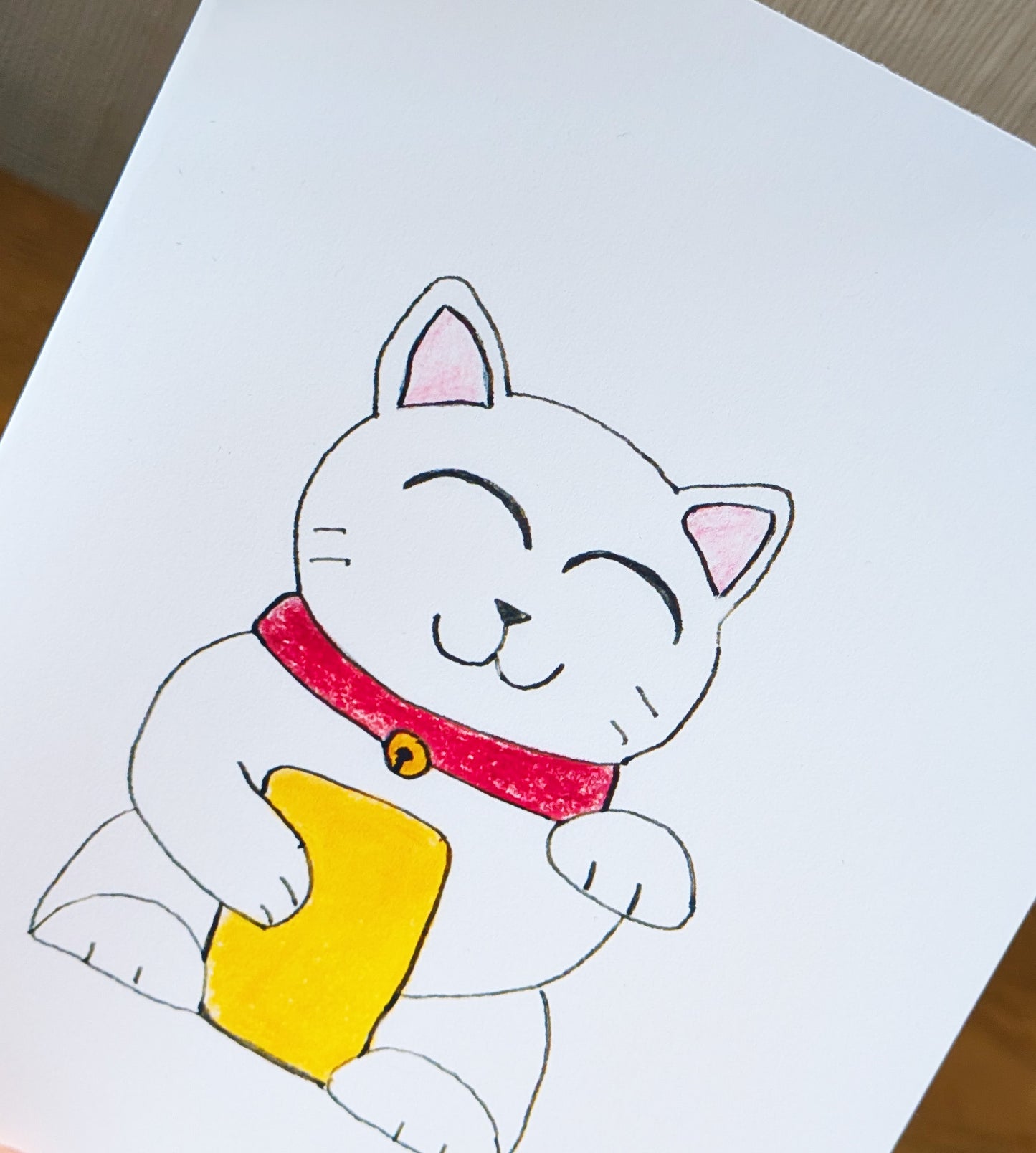 Lucky Waving Cat Card – A6 Printed Greeting Card – Hand Drawn Coloured Pencil Art
