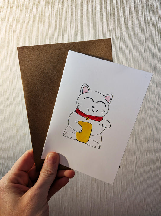 Lucky Waving Cat Card – A6 Printed Greeting Card – Hand Drawn Coloured Pencil Art