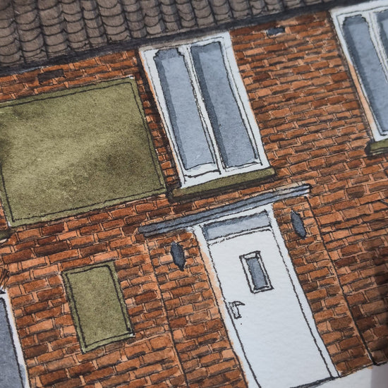 video showing artist adding fine liner texture to a red bricked building illustration