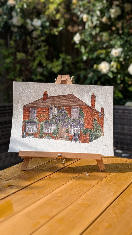 The Jolly Cricketers Pub, Beaconsfield, A4 Handmade Watercolour Painting -